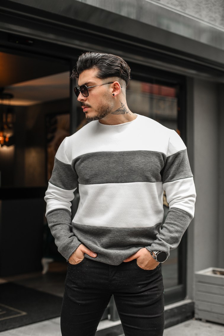 Yakasız Paralel Çizgili Sweatshirt