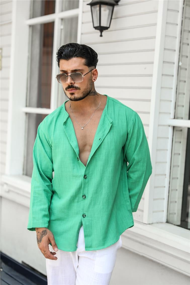 Yakasız Şile Bezi Kollar Bilek Üstü Oversize Gömlek Zümrüt Yeşili