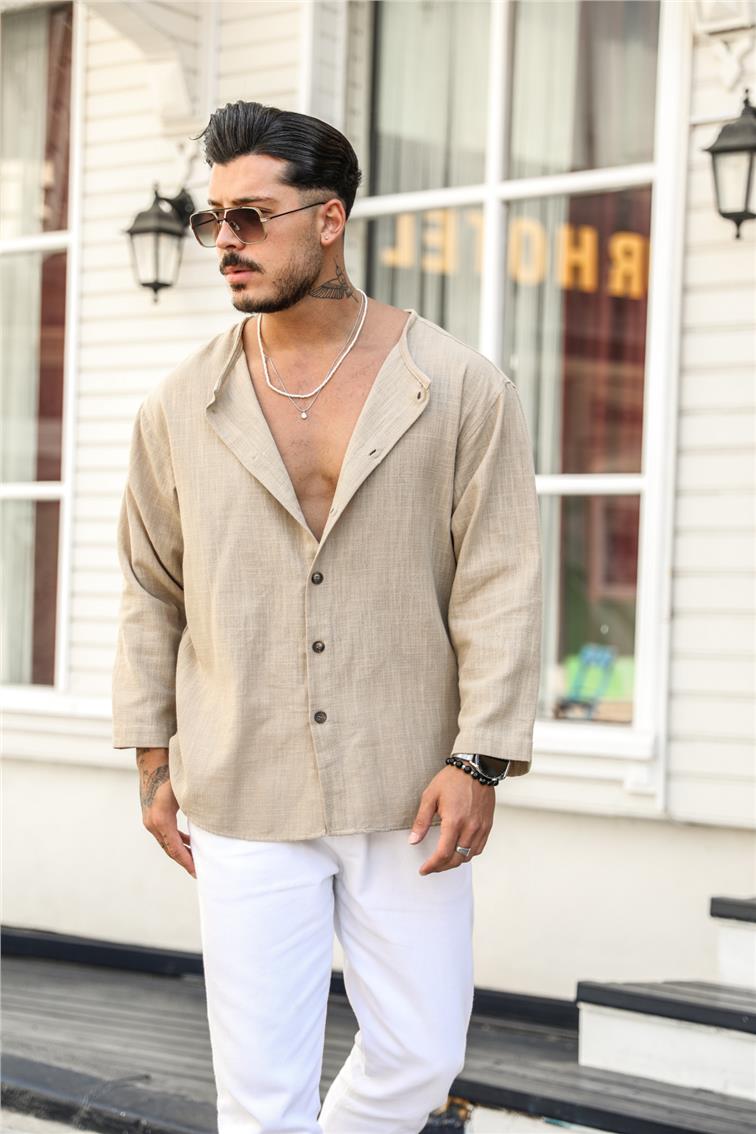 Yakasız Şile Bezi Kollar Bilek Üstü Oversize Gömlek Taş