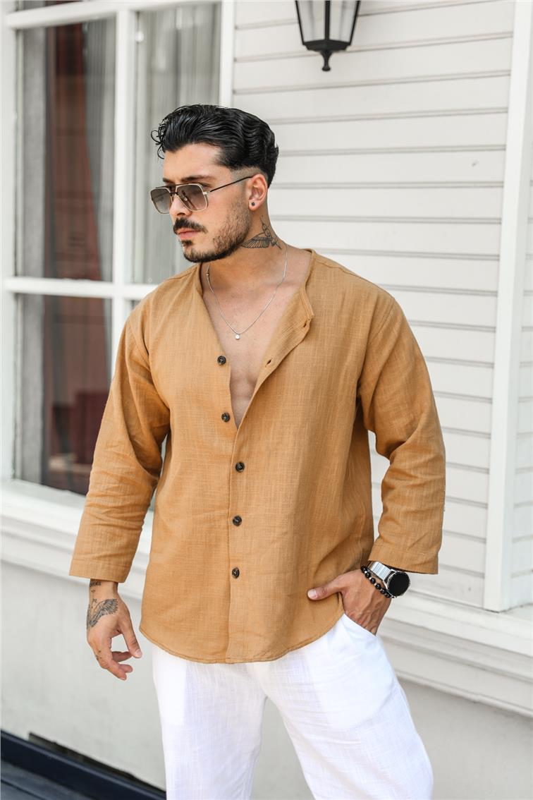 Yakasız Şile Bezi Kollar Bilek Üstü Oversize Gömlek Camel