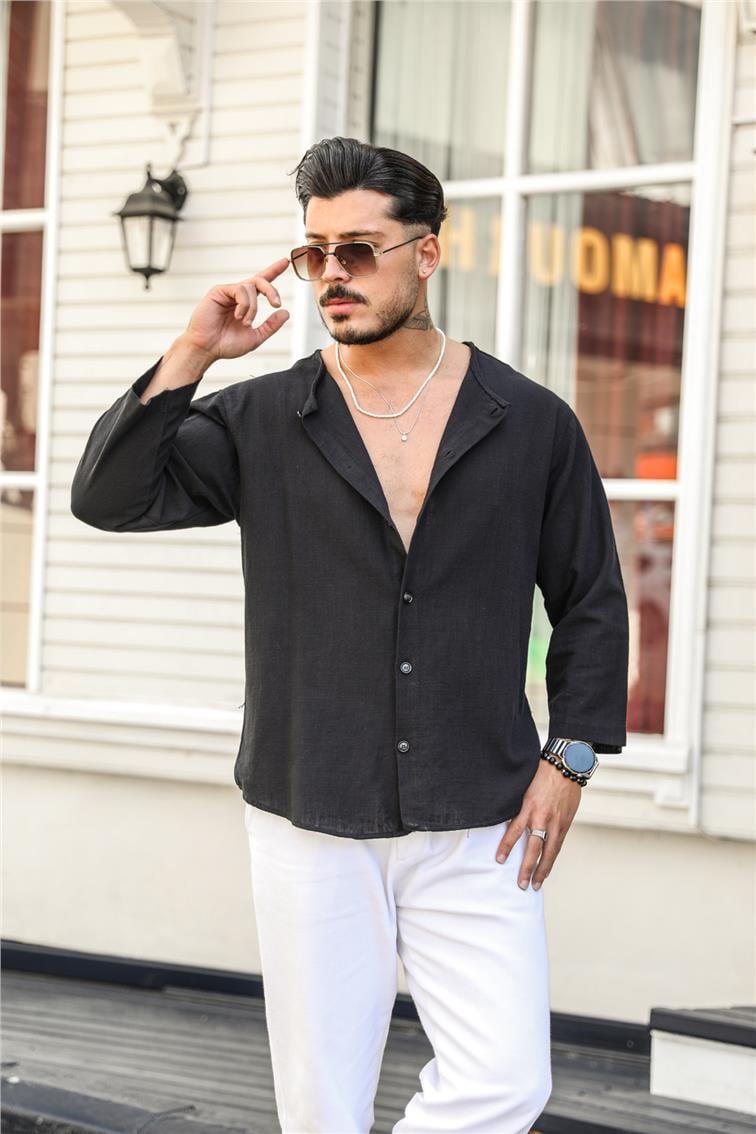 Yakasız Şile Bezi Kollar Bilek Üstü Oversize Gömlek Siyah
