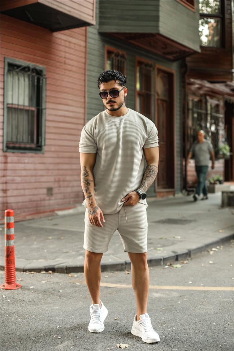 Yan Çizgi Fitilli Oversize T-Shirt Bej