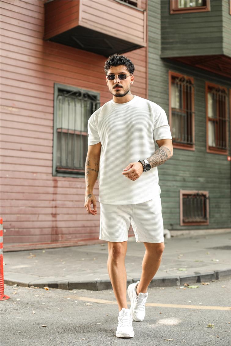 Yan Çizgi Fitilli Oversize T-Shirt Beyaz