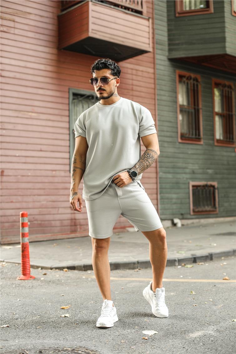 Yan Çizgi Fitilli Oversize T-Shirt Gri