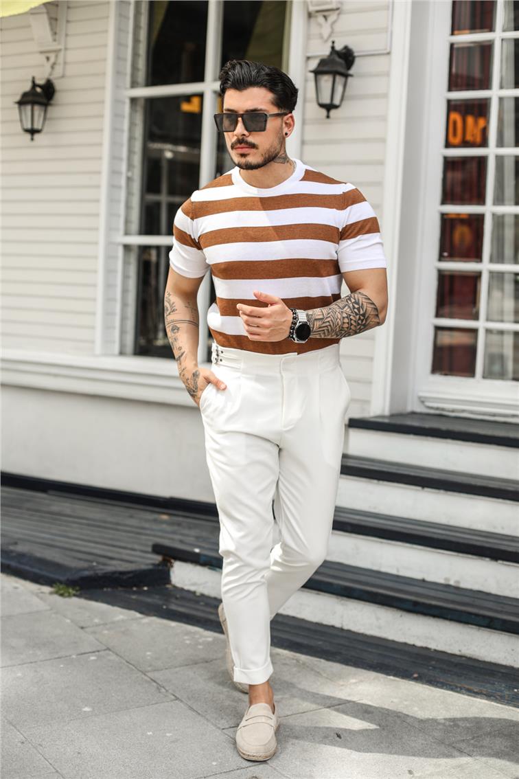 Yan Çizgili Slim Fit T-Shirt Kahve
