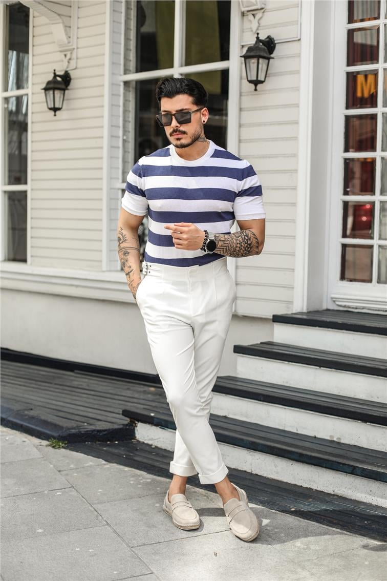 Yan Çizgili Slim Fit T-Shirt Lacivert