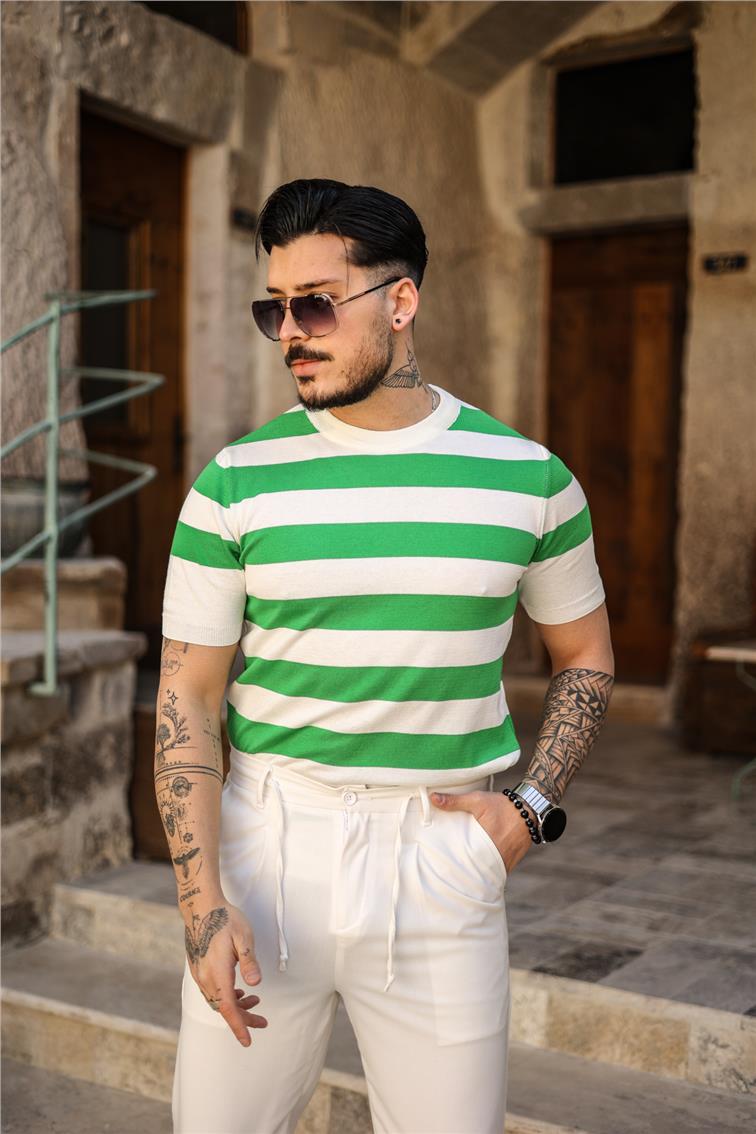 Yan Çizgili Slim Fit T-Shirt Yeşil