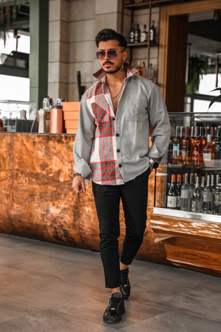 Yarım Ekose Desenli Oversize Gömlek