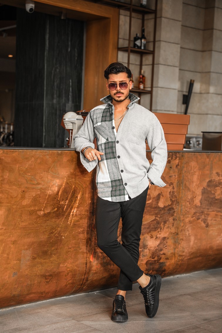 Yarım Ekose Desenli Oversize Gömlek