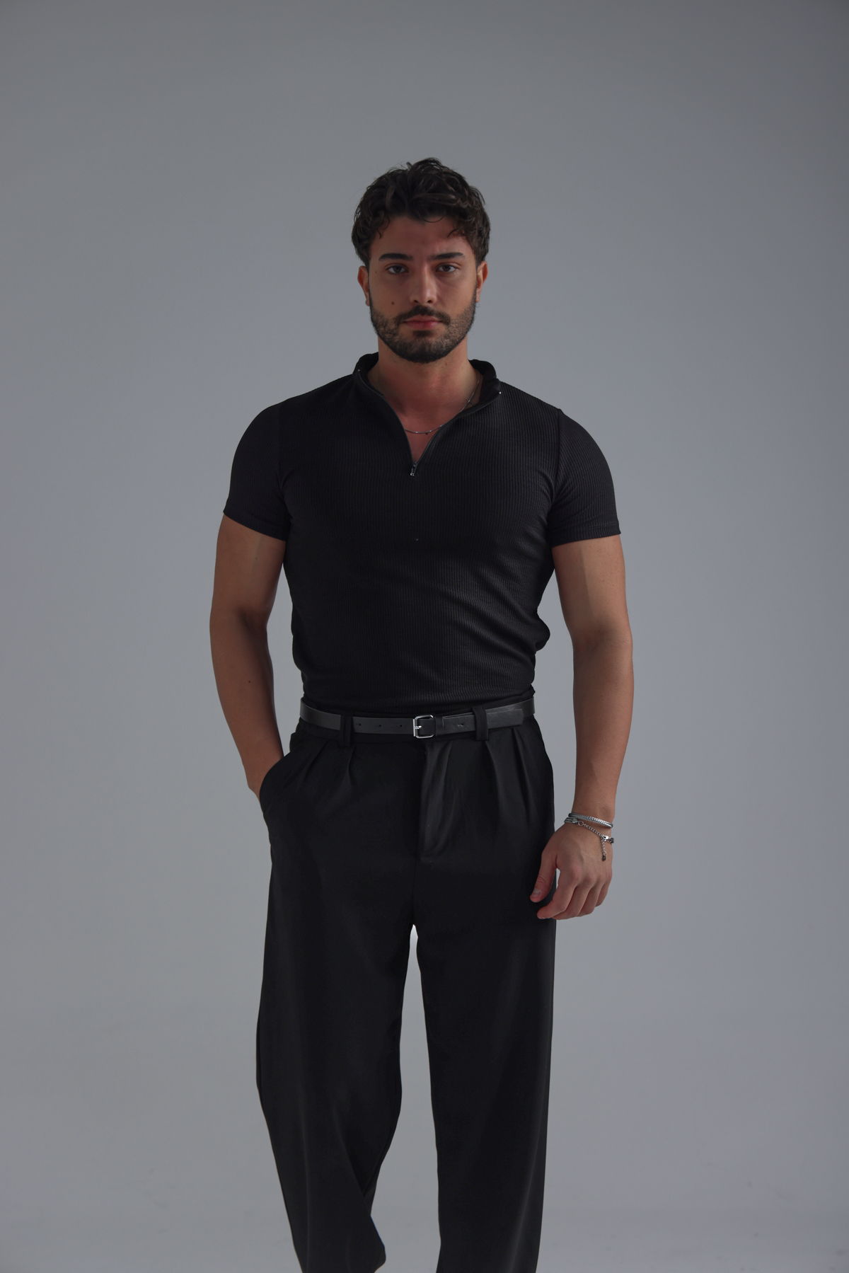 Yarım Fermuar Slim Fit Fitilli Tshirt Siyah