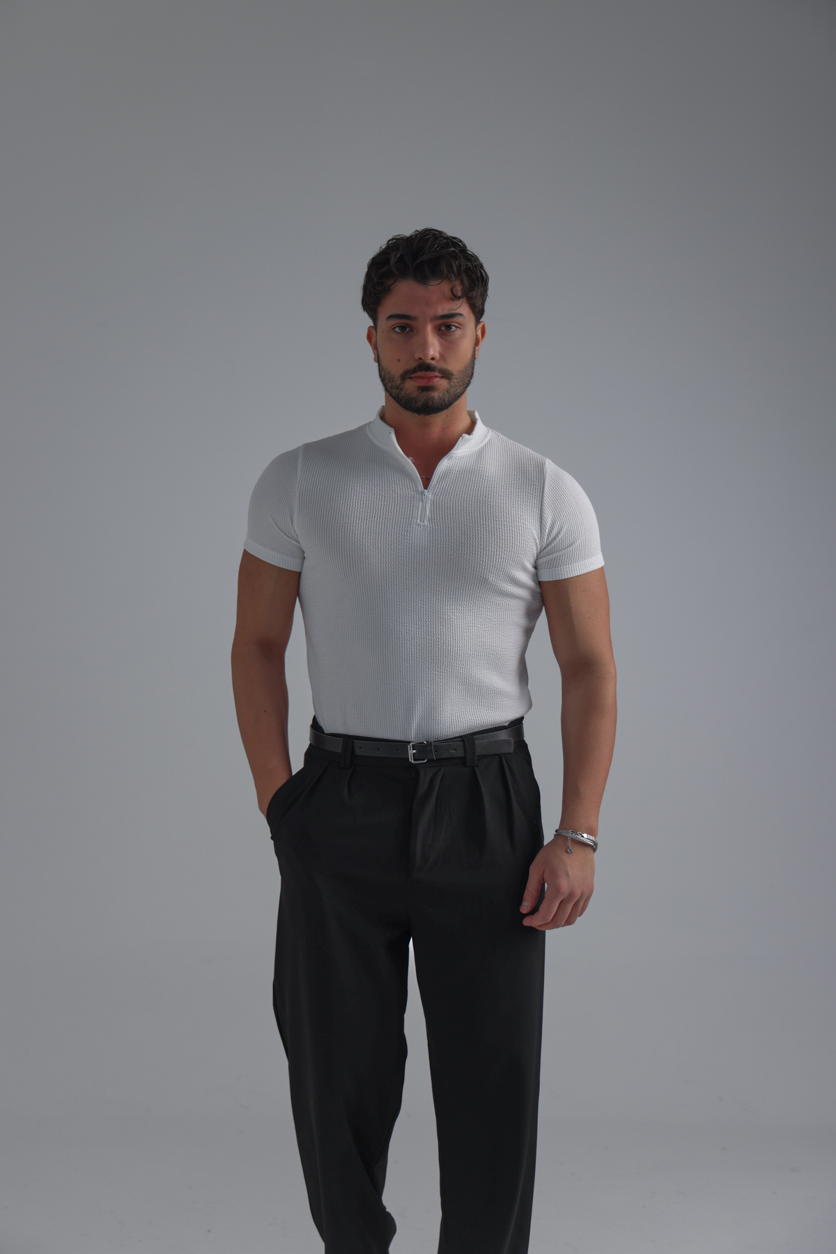 Yarım Fermuar Slim Fit Fitilli Tshirt Beyaz