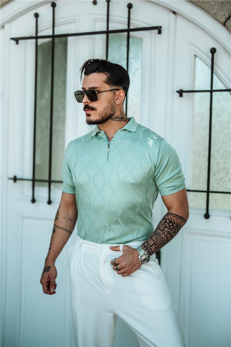 Yarım Fermuarlı Desenli Polo Yaka T-Shirt Mint