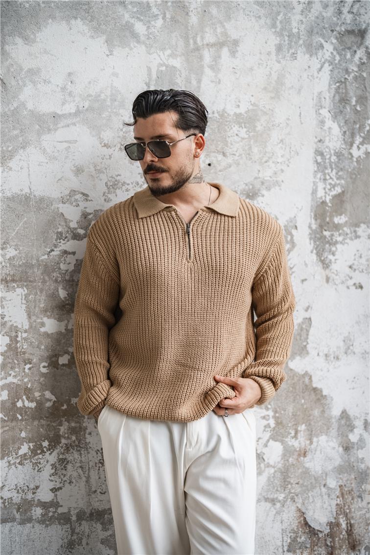 Yarım Fermuarlı Örgülü Oversize Kazak Camel