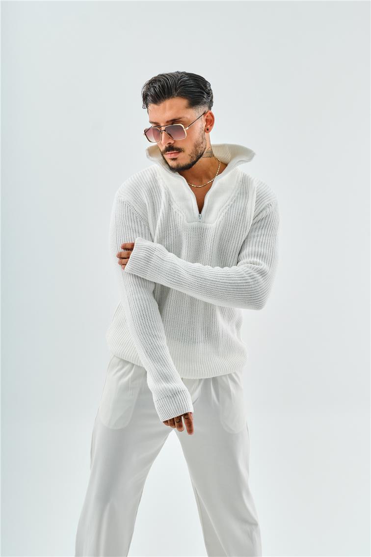 Yarım Fermuarlı Örme Oversize Kazak Beyaz