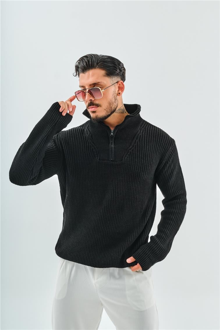 Yarım Fermuarlı Örme Oversize Kazak Siyah