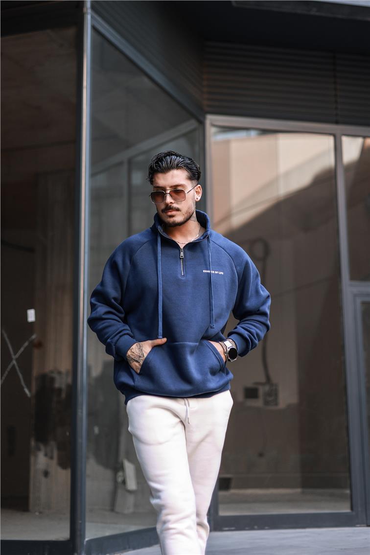 Yarım Yaka Fermuar Detaylı Sweatshirt İndigo