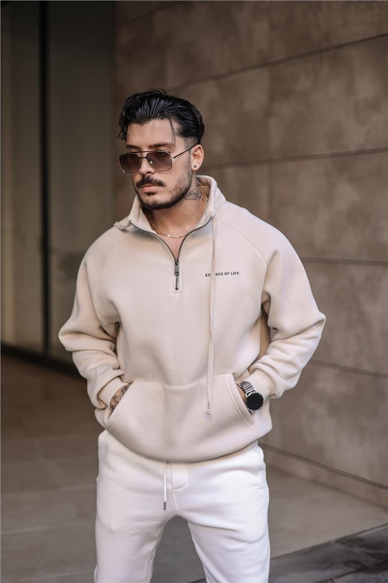 Yarım Yaka Fermuar Detaylı Sweatshirt Bej