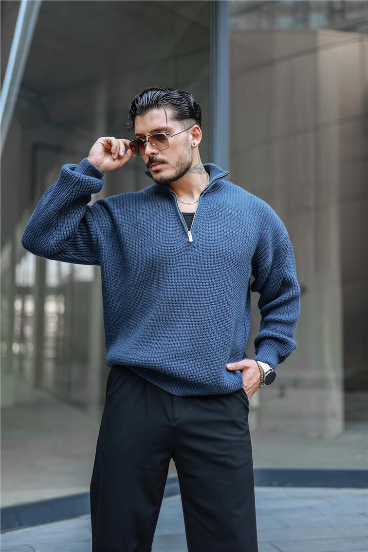 Yarım Yaka Fermuarlı Örme Oversize Kazak İndigo