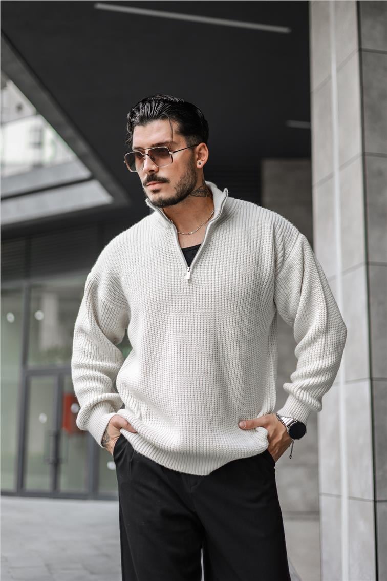 Yarım Yaka Fermuarlı Örme Oversize Kazak Krem