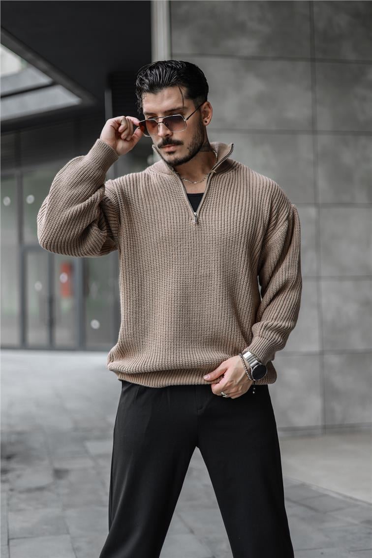 Yarım Yaka Fermuarlı Örme Oversize Kazak Kahve