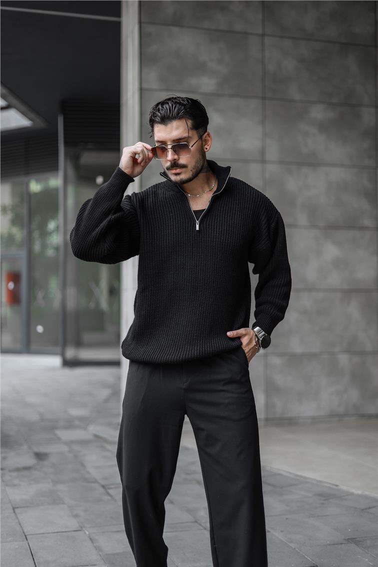 Yarım Yaka Fermuarlı Örme Oversize Kazak Siyah