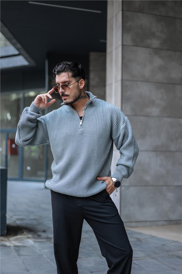 Yarım Yaka Fermuarlı Örme Oversize Kazak Gri