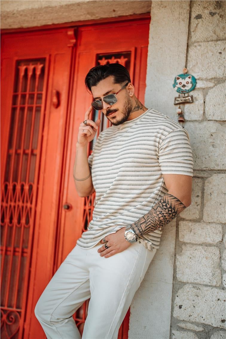 Yatay Çizgili T-Shirt Gri