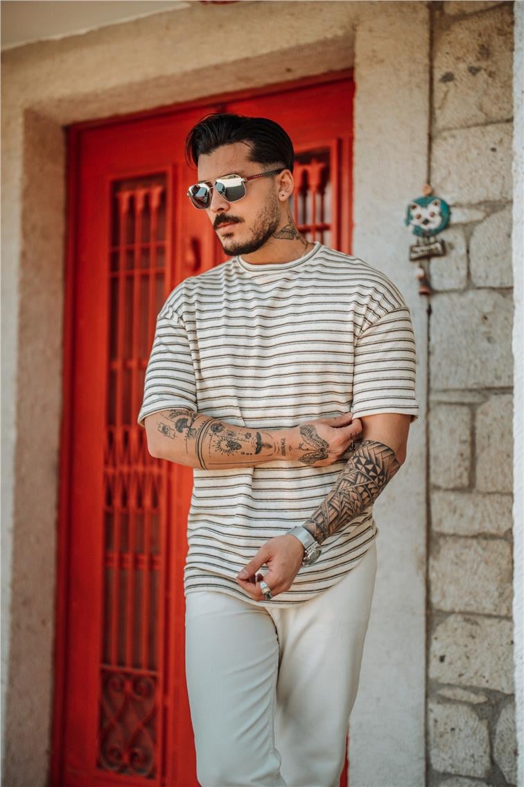 Yatay Çizgili T-Shirt Kahve