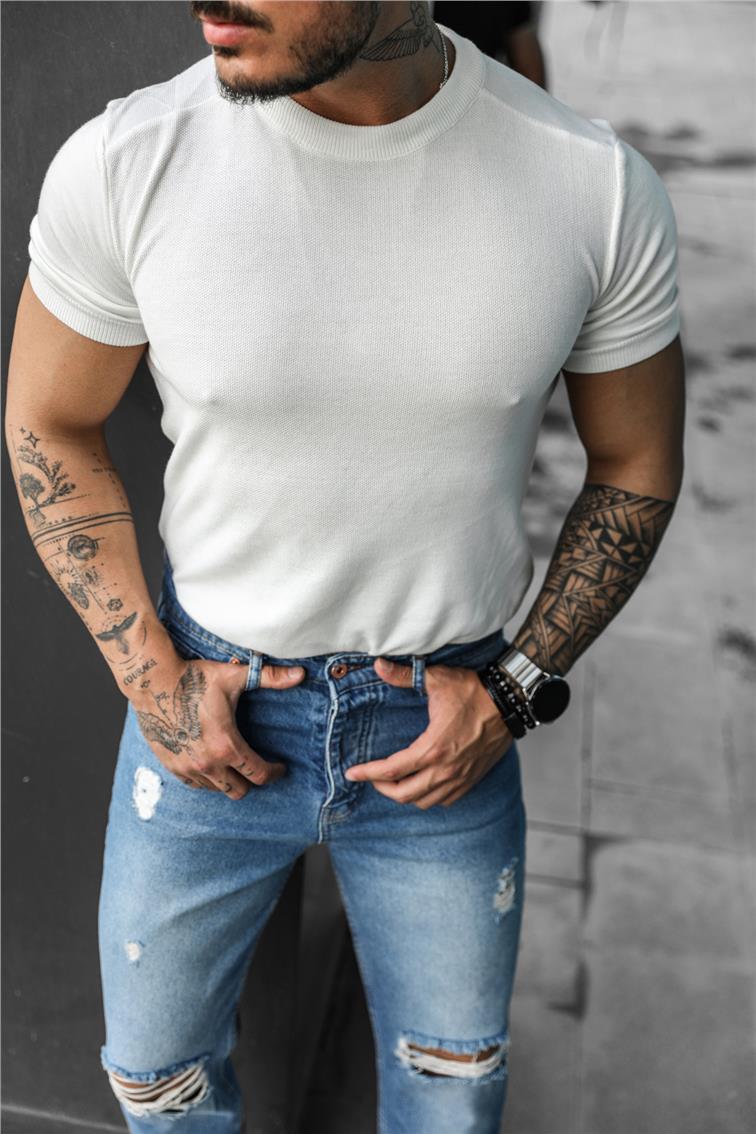 Yazlık Örme Triko T-Shirt Beyaz