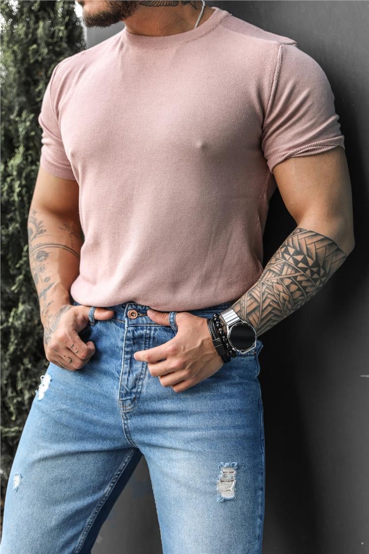 Yazlık Örme Triko T-Shirt Pudra