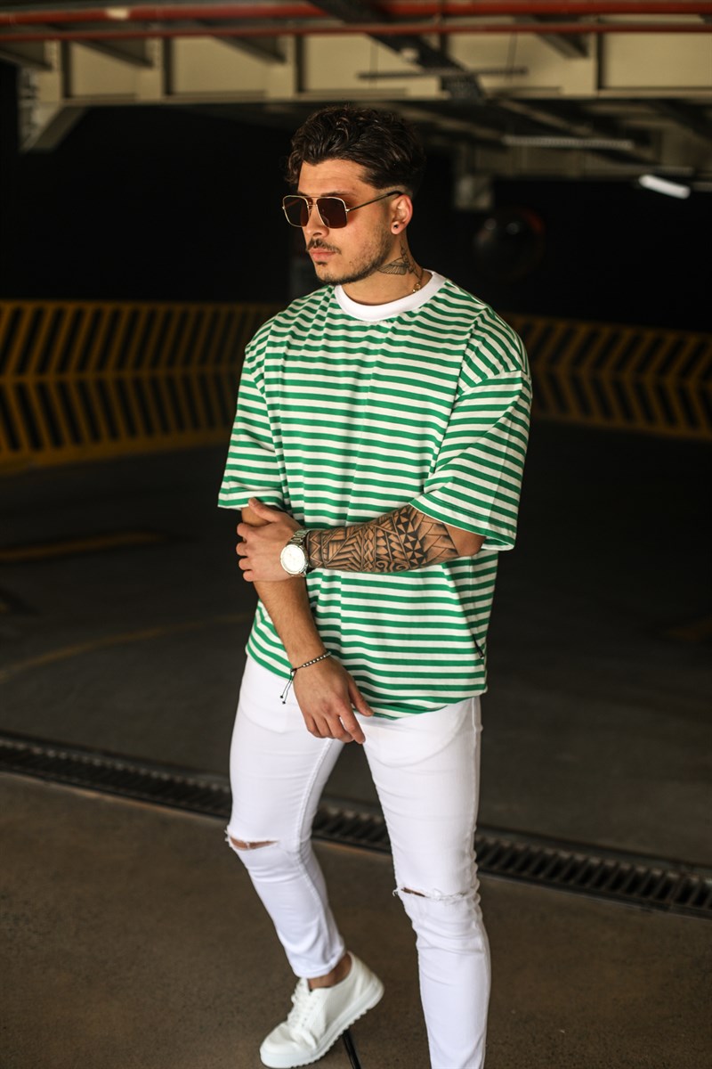 Yeşil Çizgili Oversize T-Shirt