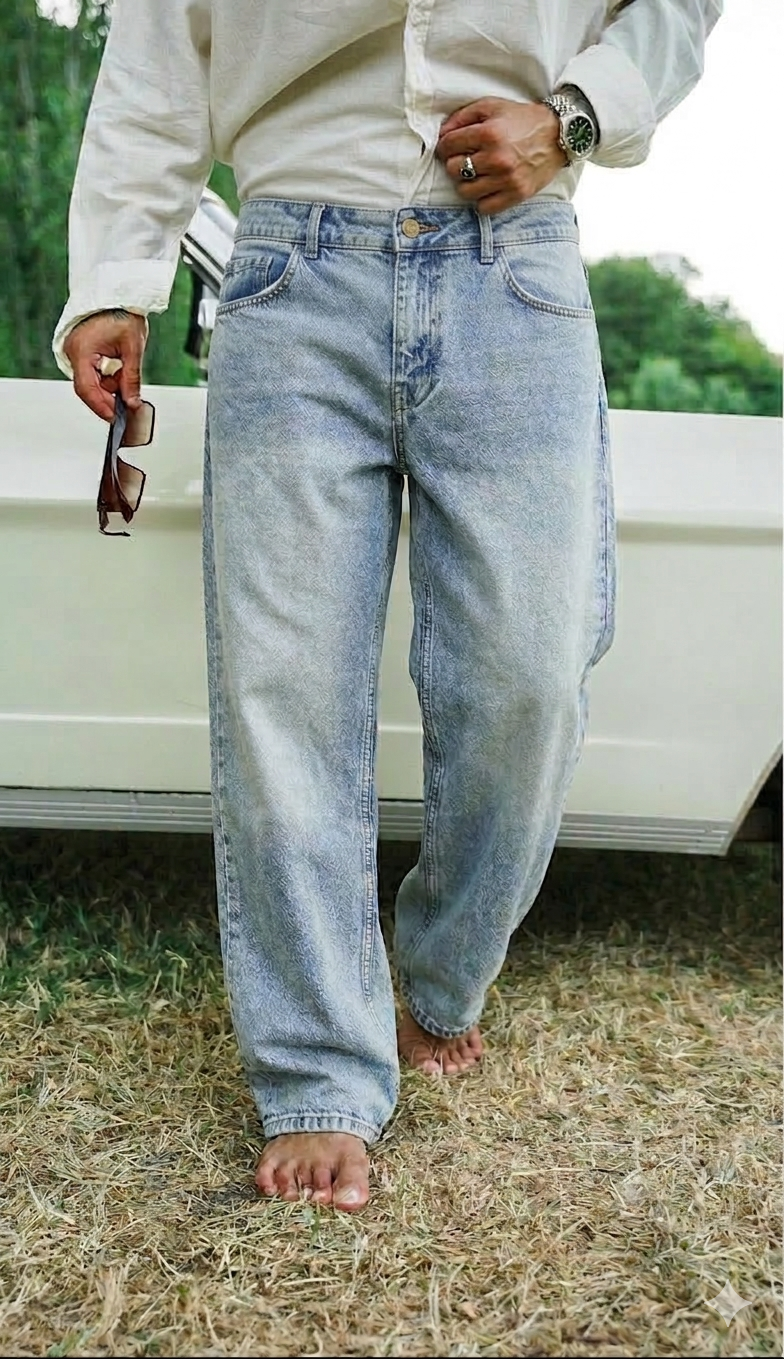 Yıkamalı Baggy Jean Pantolon Buz Mavi