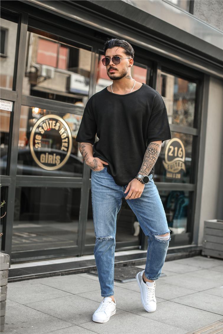 Yıkamalı Diz Detay Boyfriend Jean Mavi