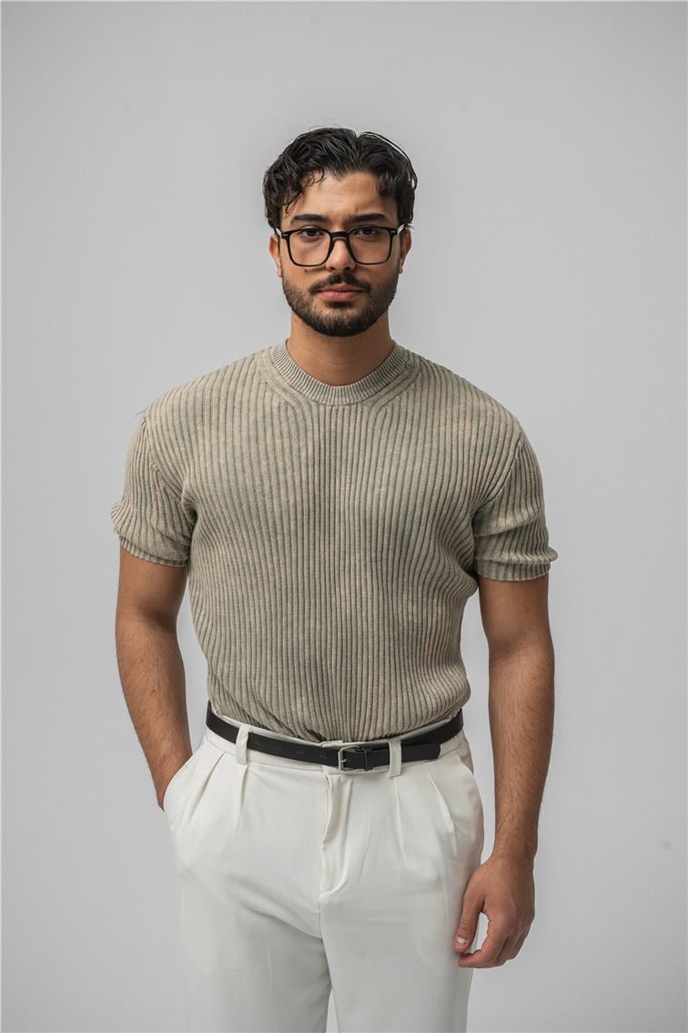 Yıkamalı İnce Şeritli T-Shirt Yıkamalı Bej