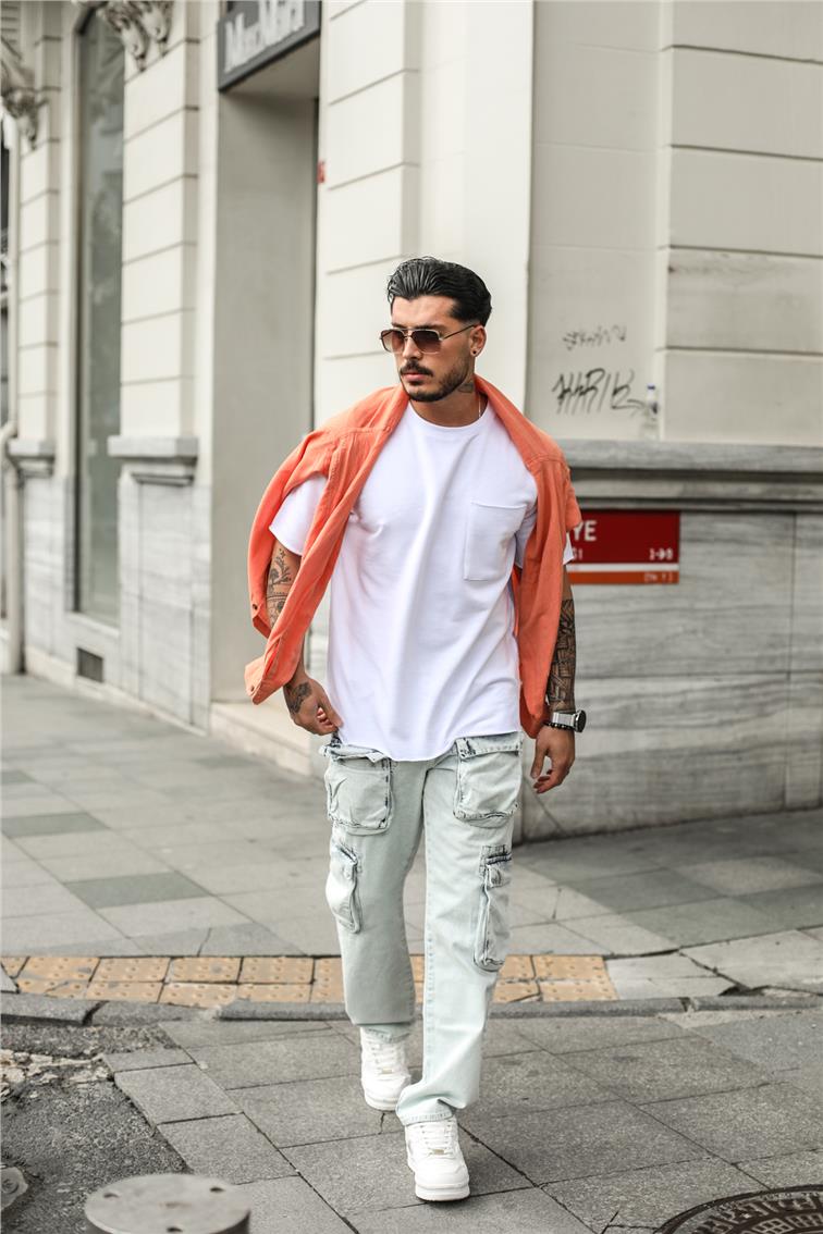 Yıkamalı Kargo Cep Baggy Jean Yıkamalı Açık Mavi