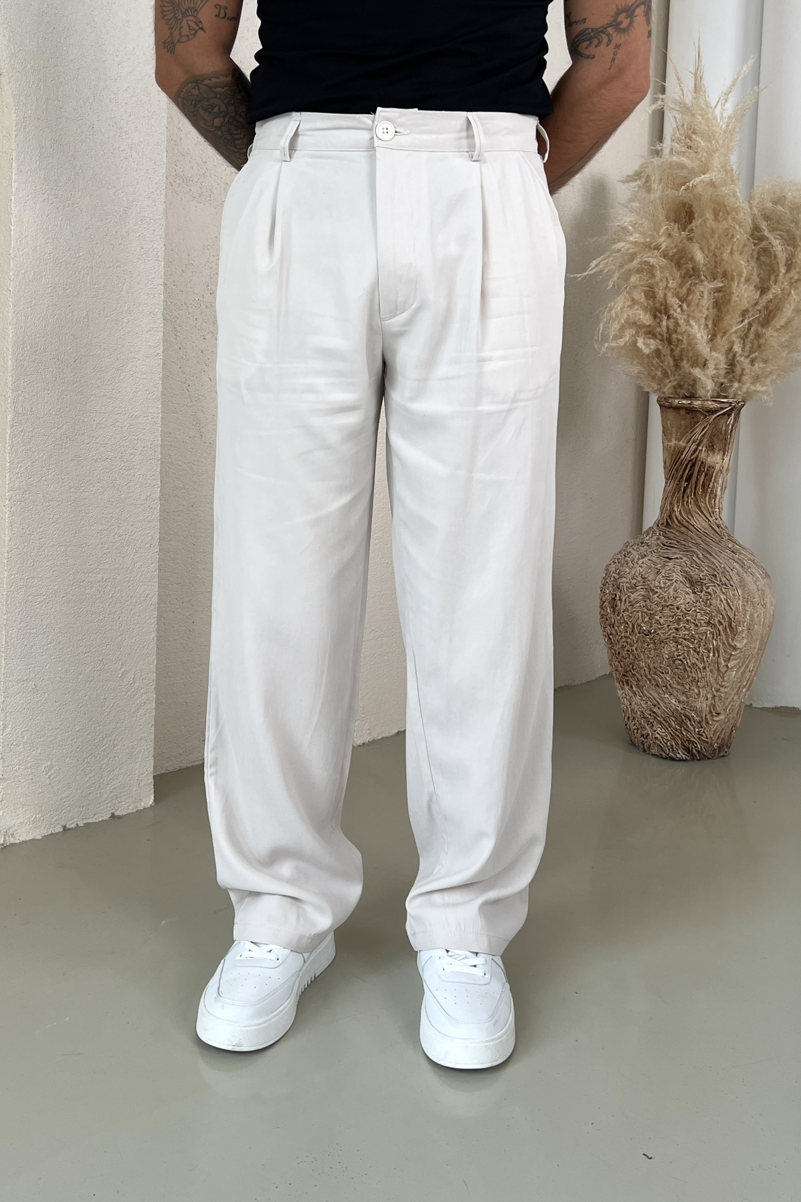 Yıkamalı Modal Baggy Pantolon Krem