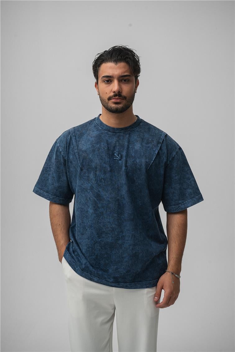Yıkamalı Oversize T-Shirt Yıkamalı Mavi