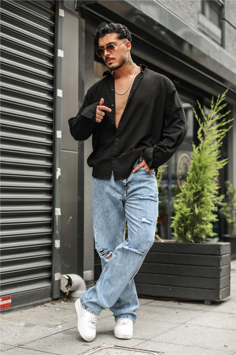 Yıkamalı Ripped Detaylı Baggy Jean Kar Yıkamalı Mavi