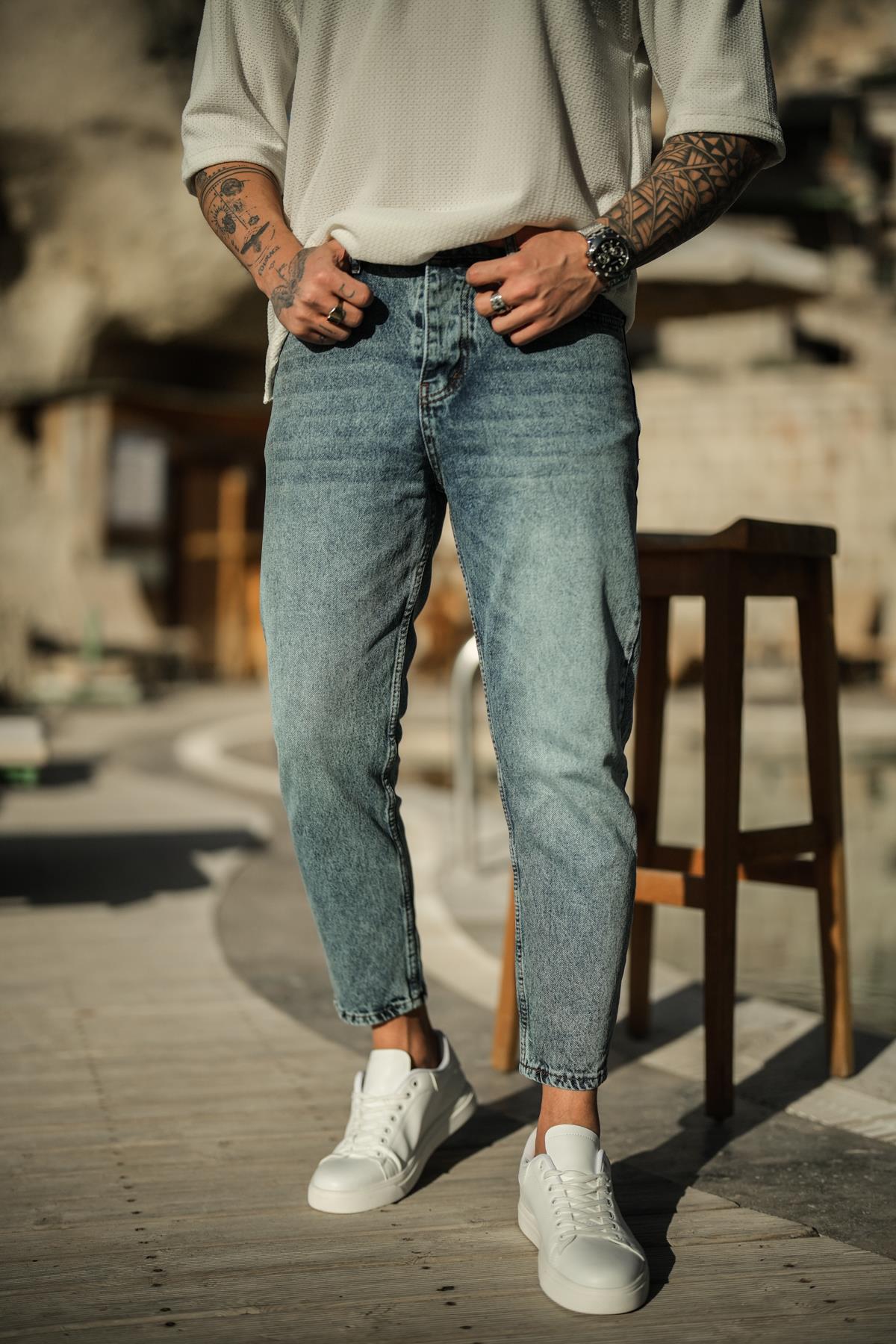 Yıkamlı Mavi Mom Jean Yıkamalı Mavi