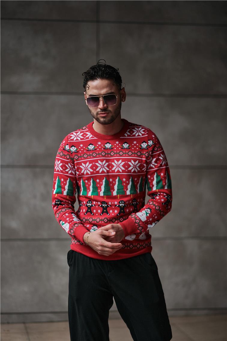 Yılbaşı Slim Fit Kazak Unisex Kırmızı
