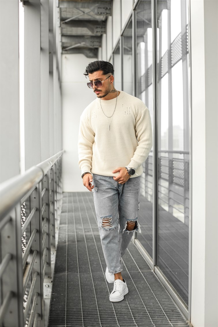 Yırtık Detay Örme Oversize Kazak