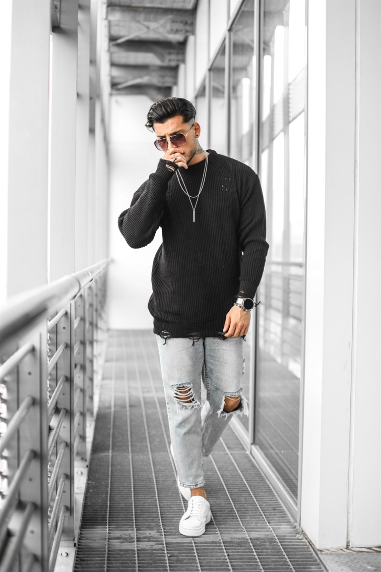 Yırtık Detay Örme Oversize Kazak