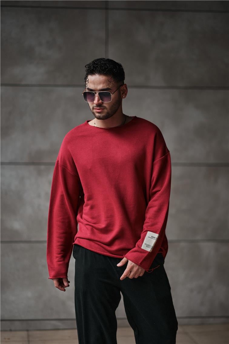 Yırtık Detaylı Oversize Sweatshirt Kırmızı