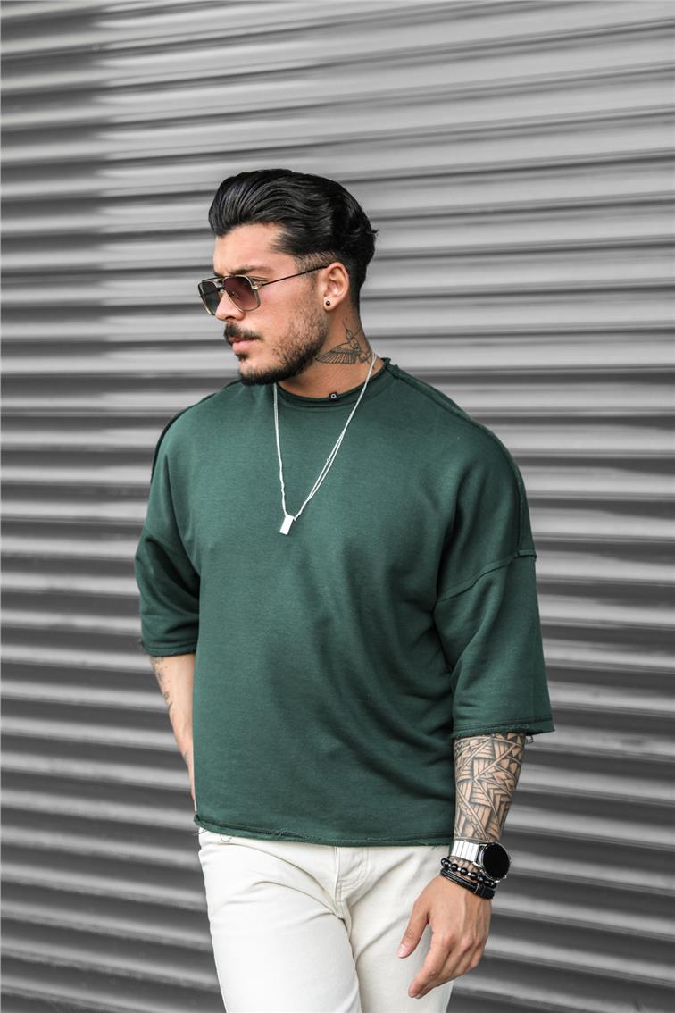 Yırtık Detaylı Oversize T-Shirt Yeşil