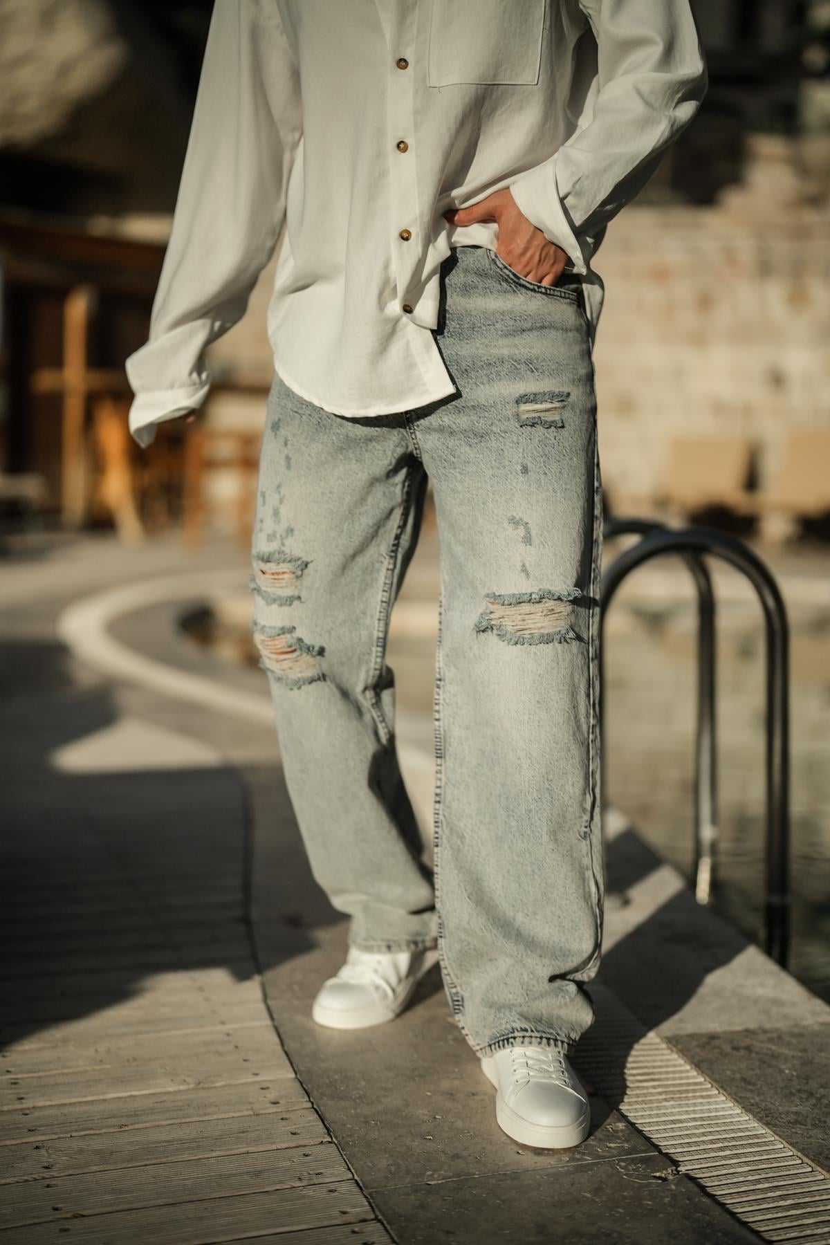 Yırtıklı Baggy Jean Buz Mavi