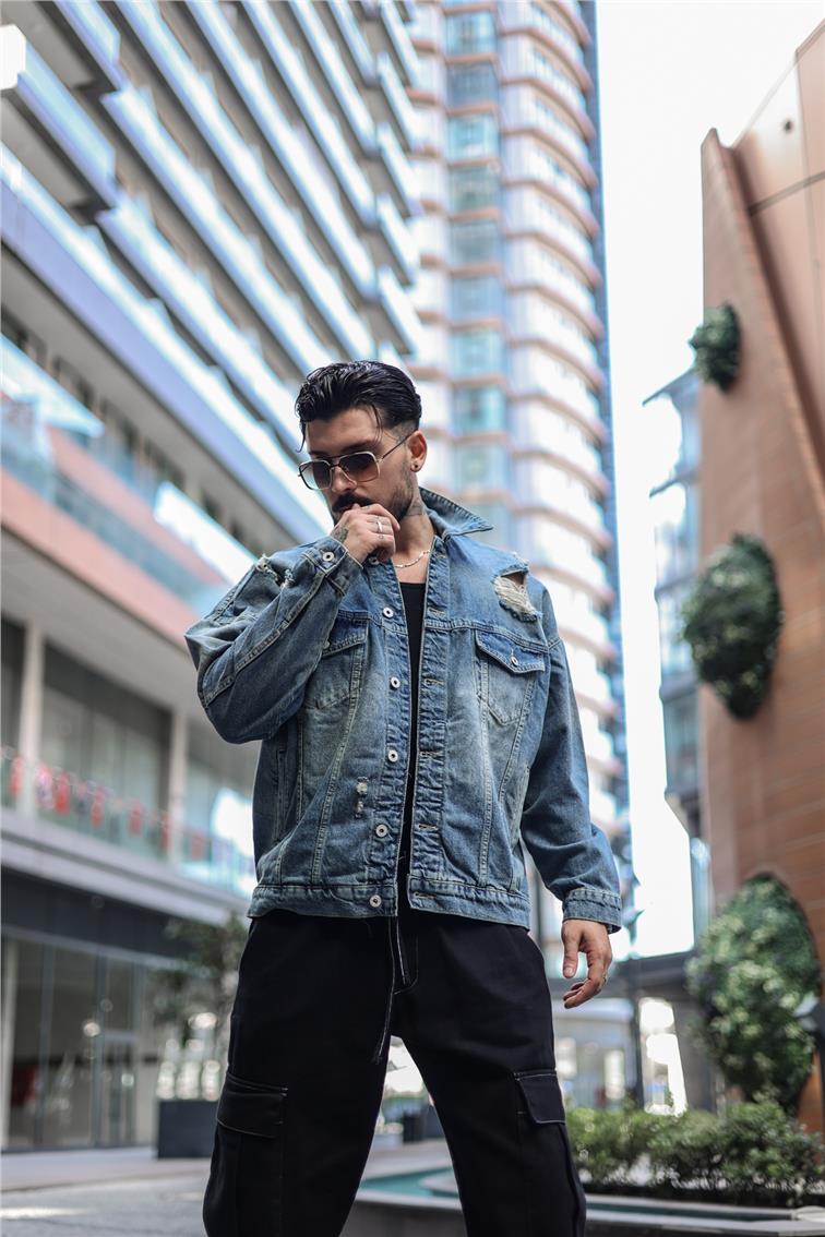 Yırtıklı Denim Ceket Yıkamalı Mavi