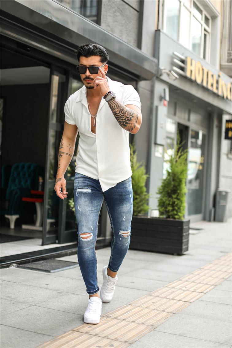 Yırtıklı Taşlama Detaylı Skinny Jean Yıkamalı Mavi