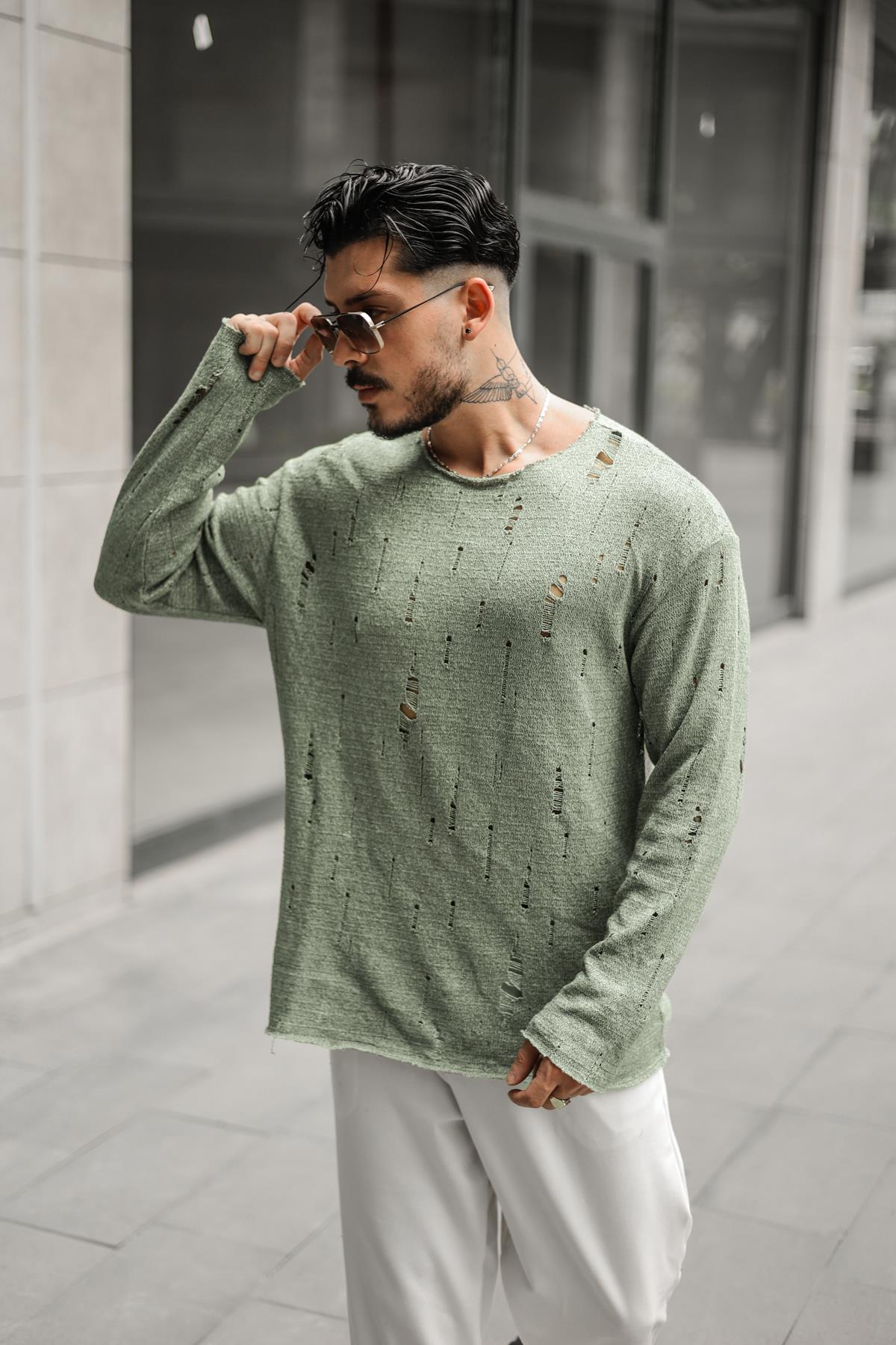 Yırtıklı Triko Kazak Mint