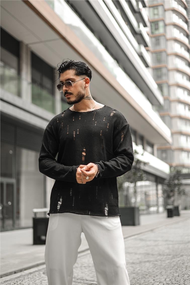 Yırtıklı Triko Kazak Siyah