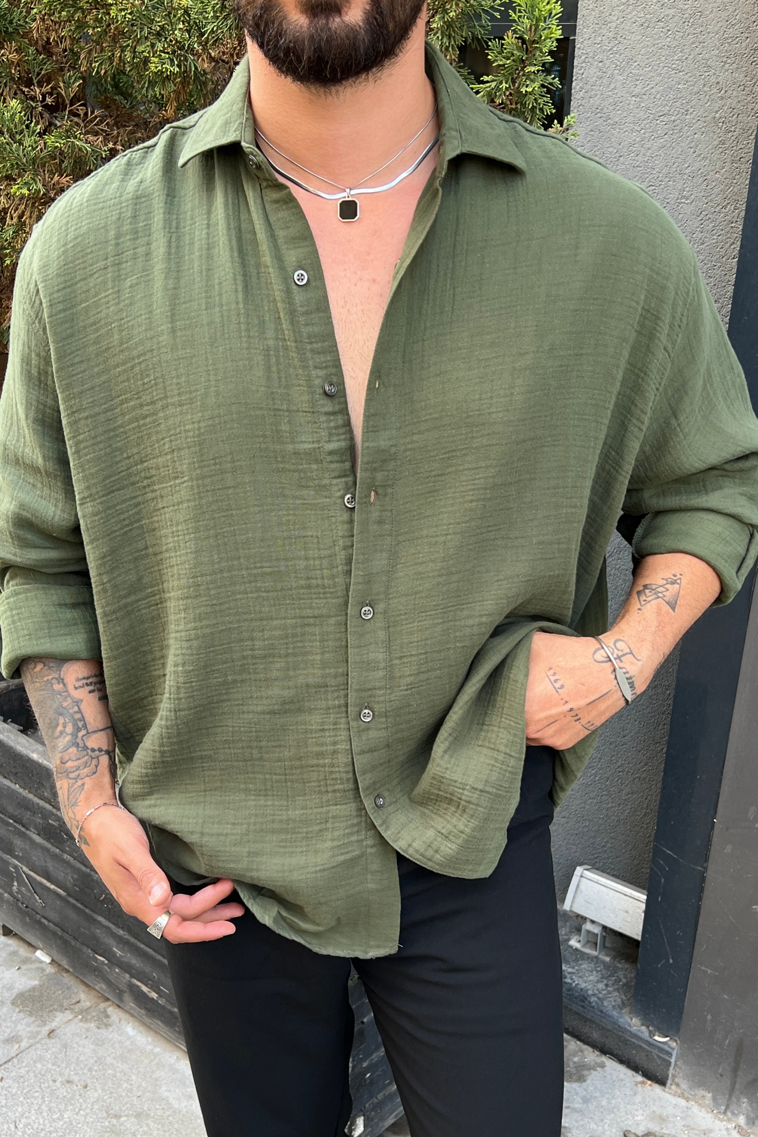 Ymş Müslin Oversize Gömlek Haki